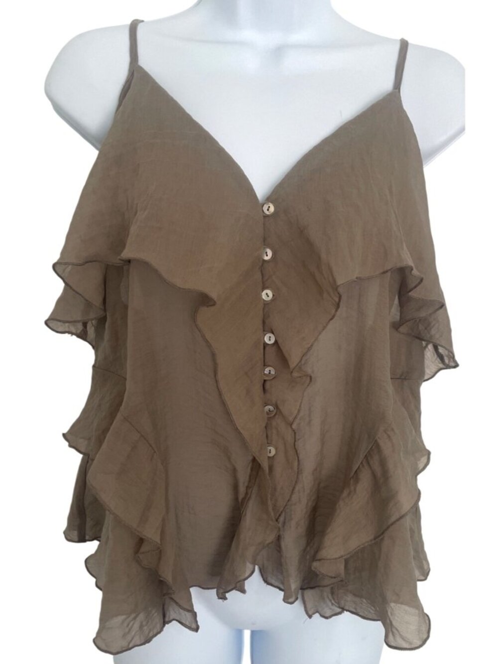 Zara Brown Ruffled Button-Up Camisole Sz M Festival Coquette Whimsigoth